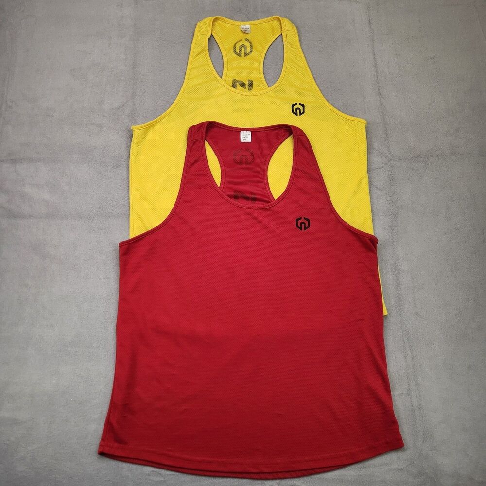 Lot Of 2 Neleus Tank Tops Men's L Yellow Red Y Back Workout Gym Training